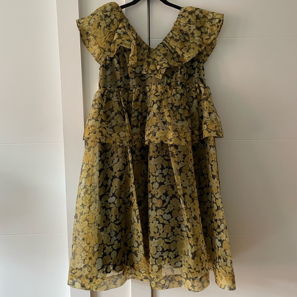 Ganni Yellow Floral Print Ruffle Dress, size DK38 US6